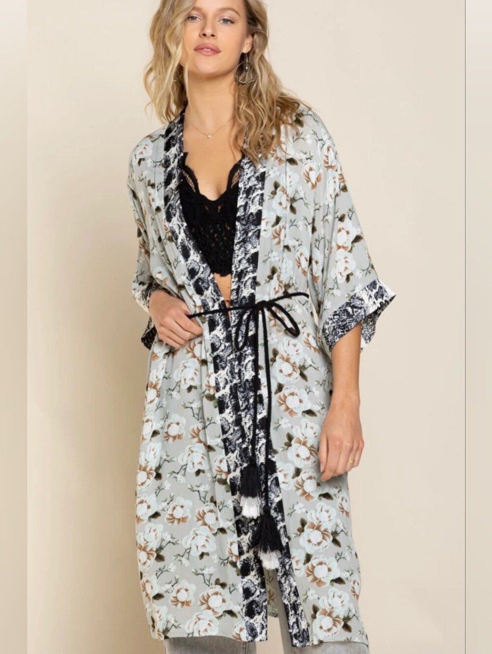 POL-Size Large-Floral-Kimono-Cardigan